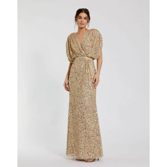 Mac Duggal Nude Draped Sleeve V-Neck Gown Slate Blue 5640 Size 20 NWT Sequins - Picture 1 of 4